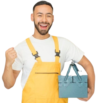 A happy locksmith holding an equipment box while doing a fist ready for a new lock installation
