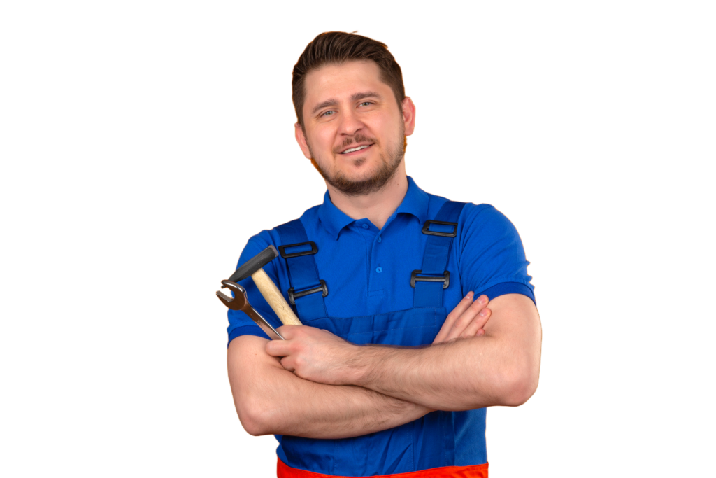 Commercial locksmith Westchester County NY builder man wearing construction uniform security helmet holding wrench hammer hands with smile face looking confident standing