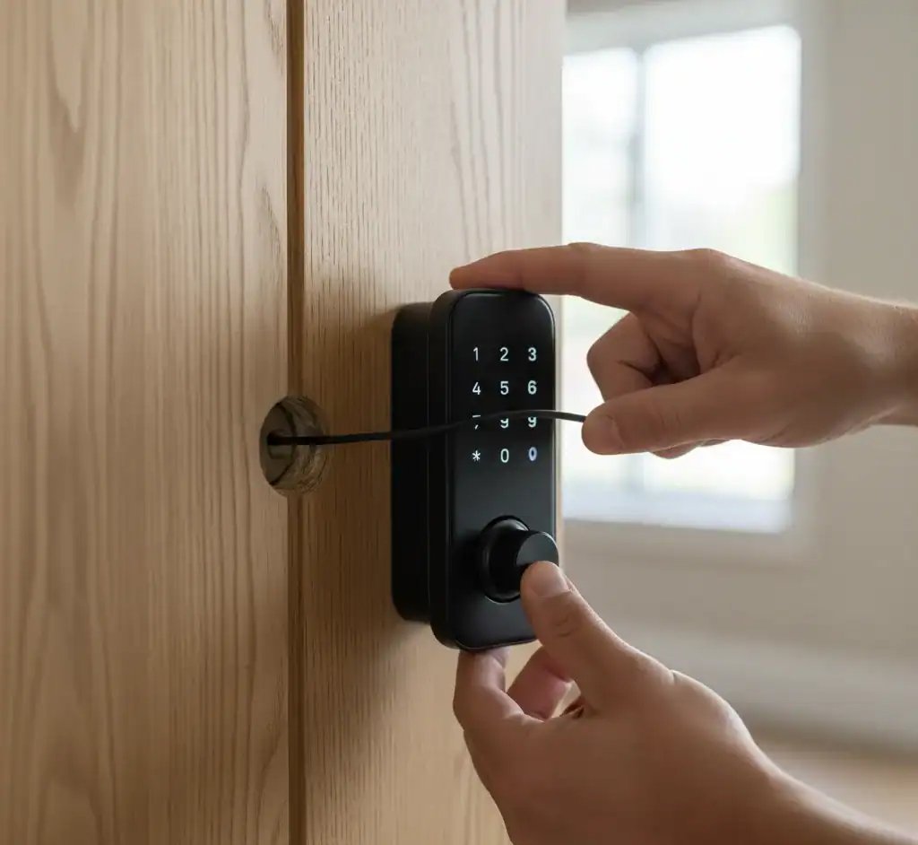 Smart lock installation Pleasantville NY close up two hands placing a smart lock at the door