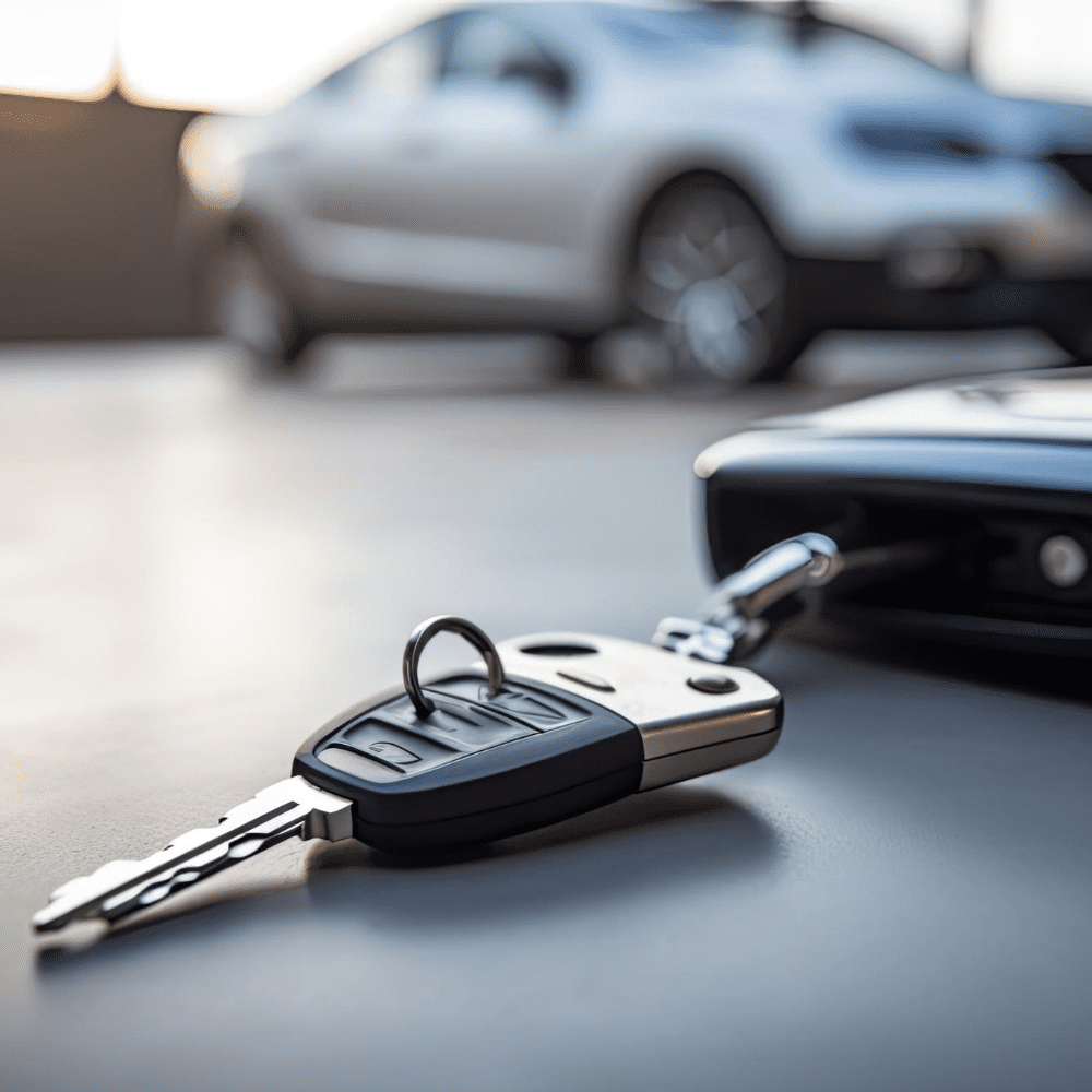 a key with blurry car background at the back