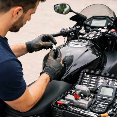 a locksmith fixing a motorcycle with toold beside