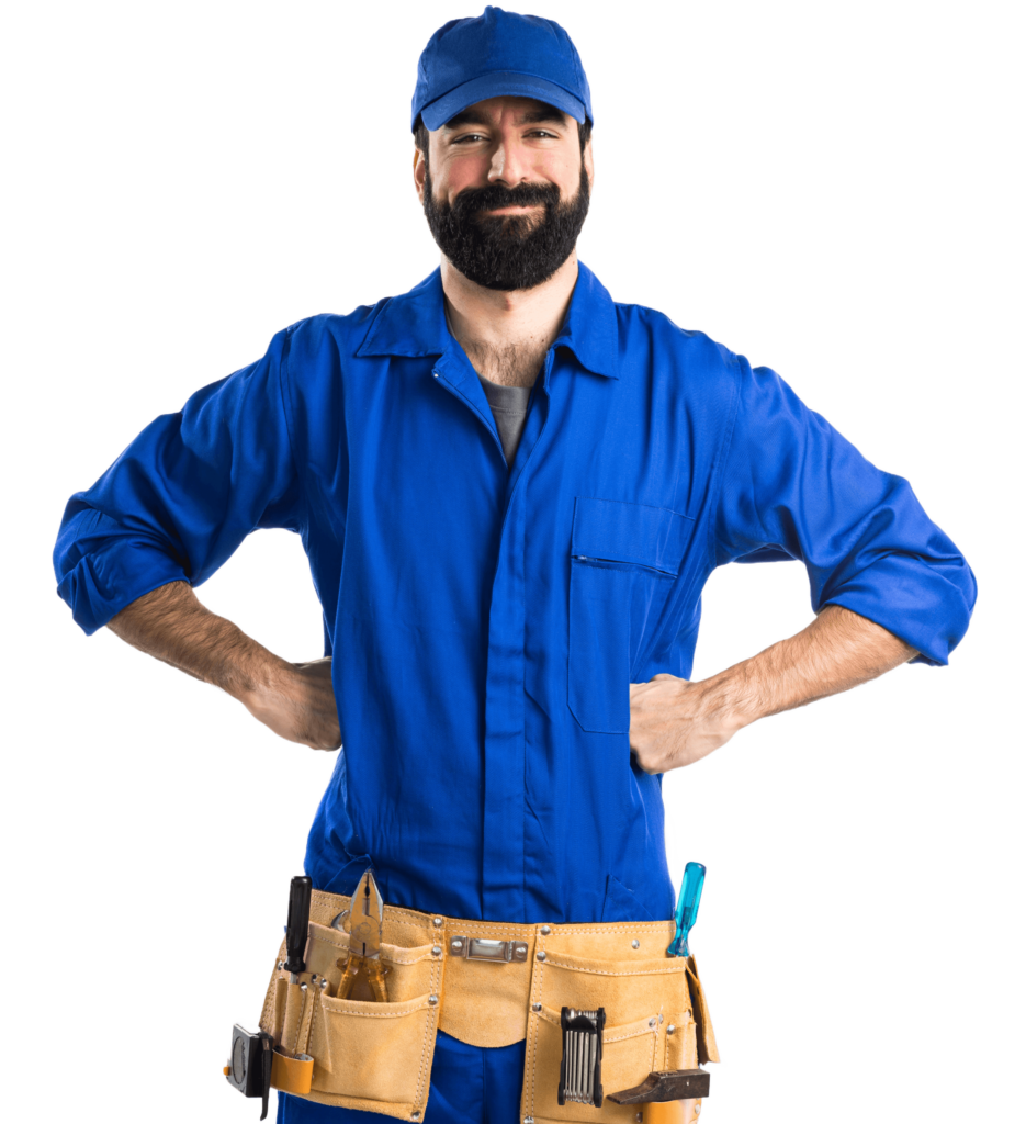 a locksmith wearing a blue uniform with tools