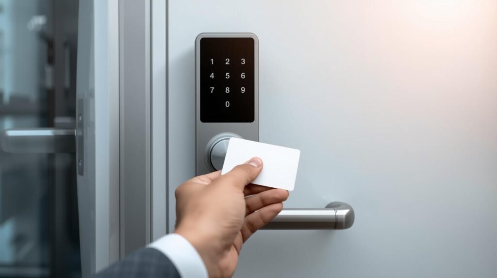 access control hardware installation A hand holding a white card moves toward the pin machine on the door