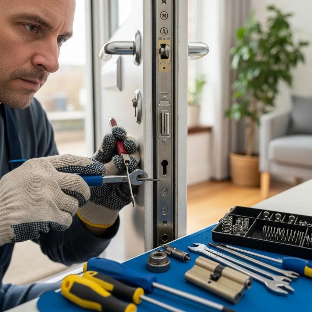 locksmith fixing a door lock with his tools in the table
