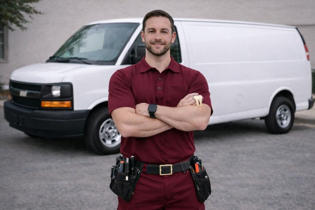 locksmith wearing red and with van in his back
