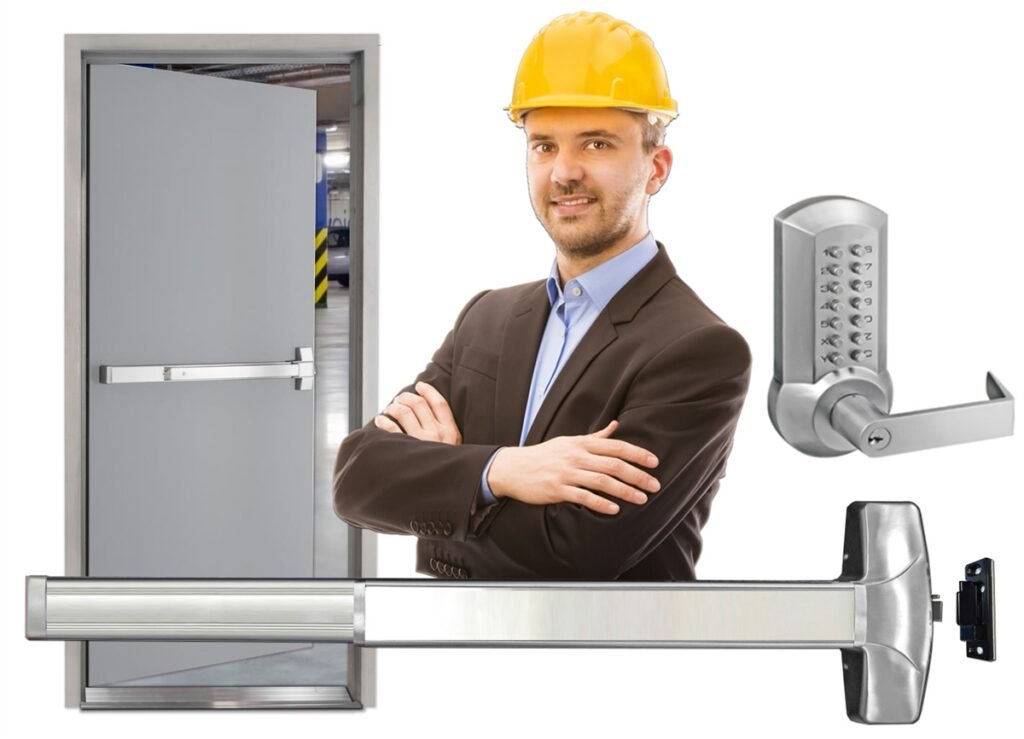 man wearing a helmet and with a panic bar and exit device