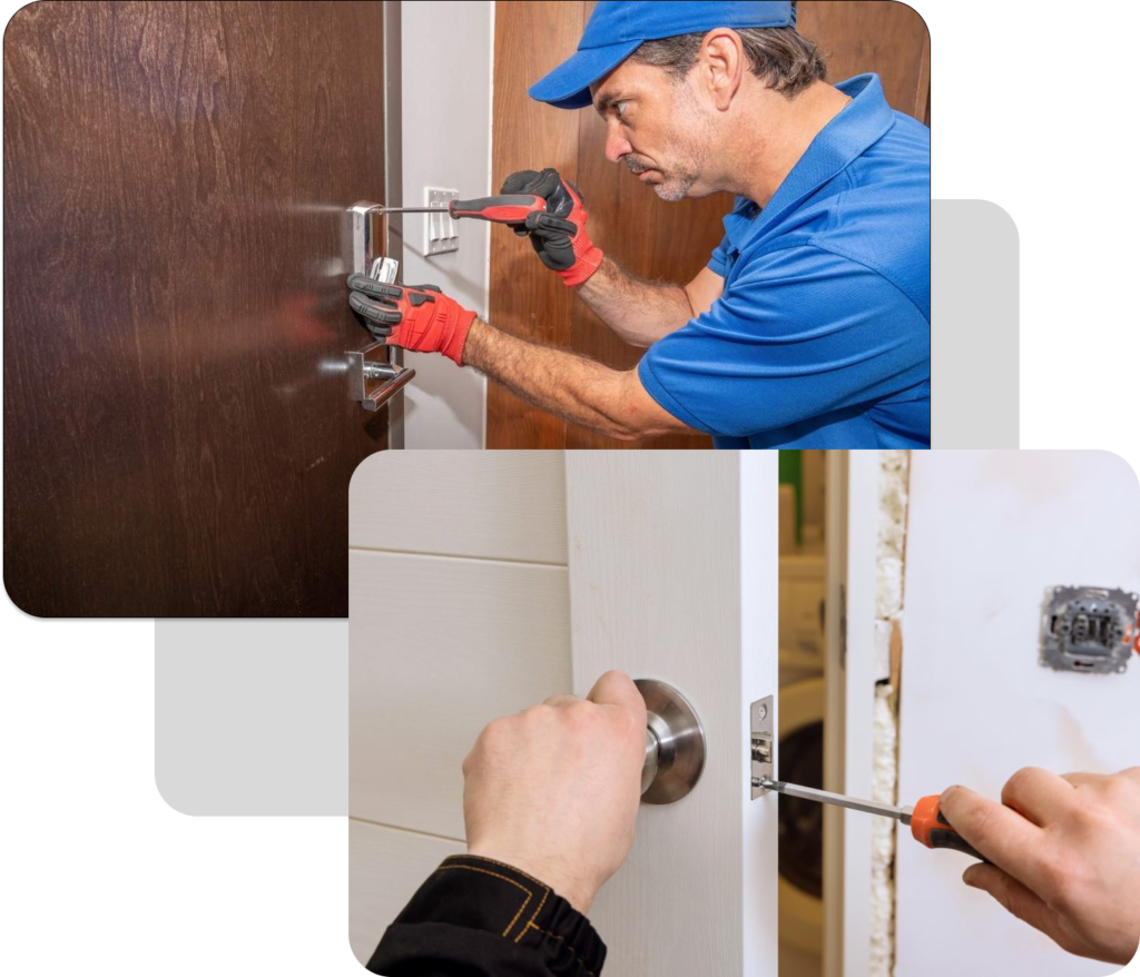 residential locksmith ny a man wearing blue uniform and blue hat beside the door while fixing and close up two hands fixing the door