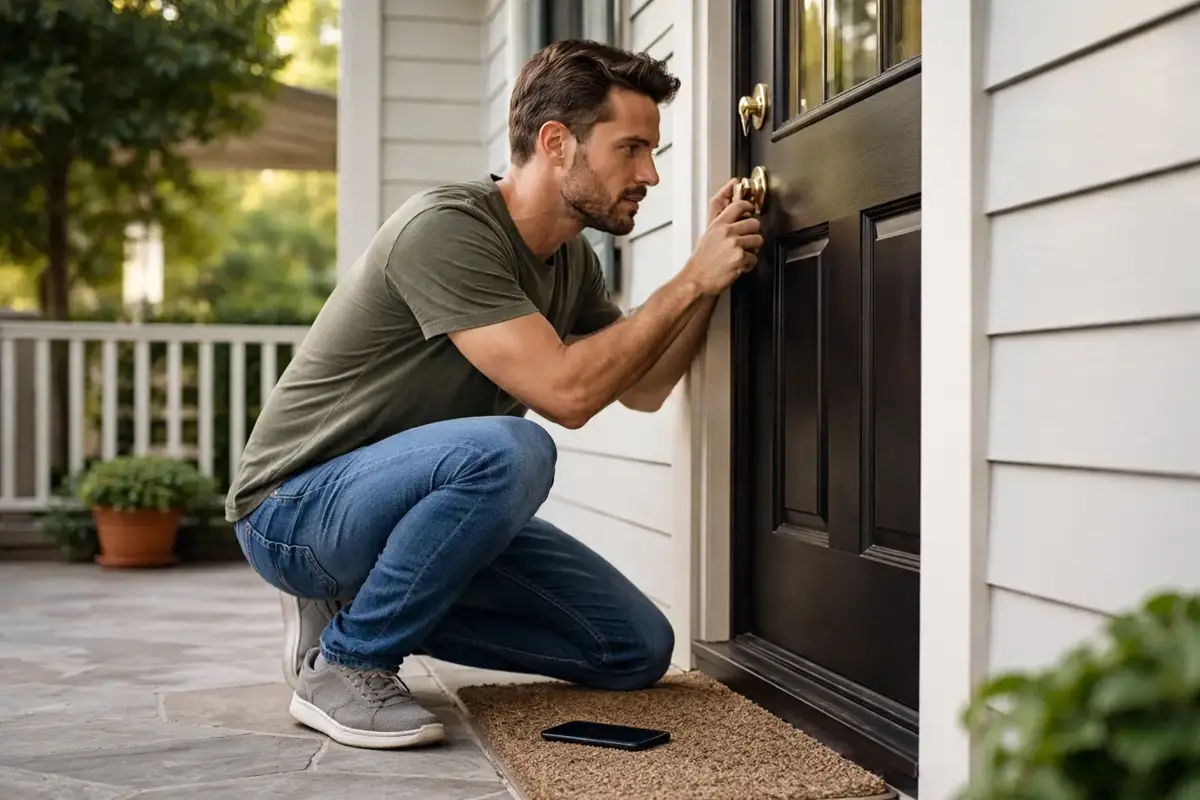 comparing smart lock options for pleasantville homeowners man unlocking the door