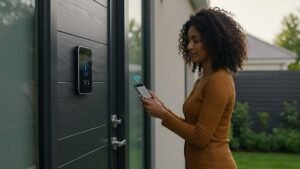 woman with curly hair holding a phone in front of smart lock