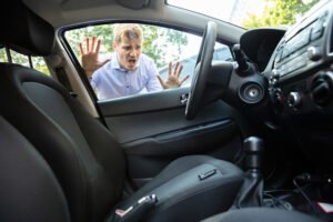 Locked Keys in Car With Engine Running a man have been lockout his vehicle