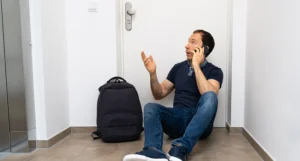 What to Do After Losing Your House Keys man having call sitting in front of door with bag beside