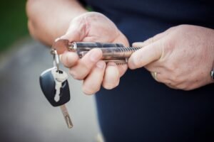 Locksmith checking door for issue