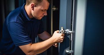 young man repairing a broken door knob caused by break in